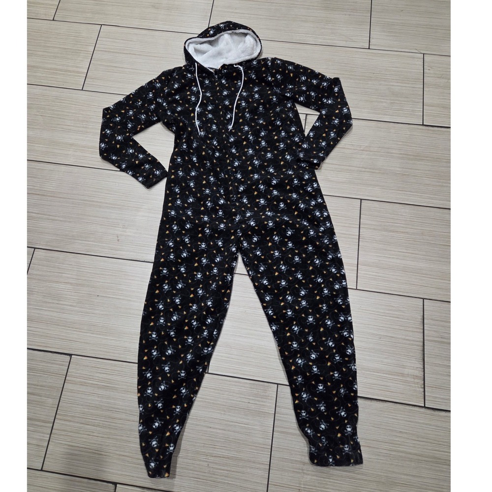 Poof Happy Halloween Skulls Candy Corn Fleece Hooded Union Suit Pajamas Large